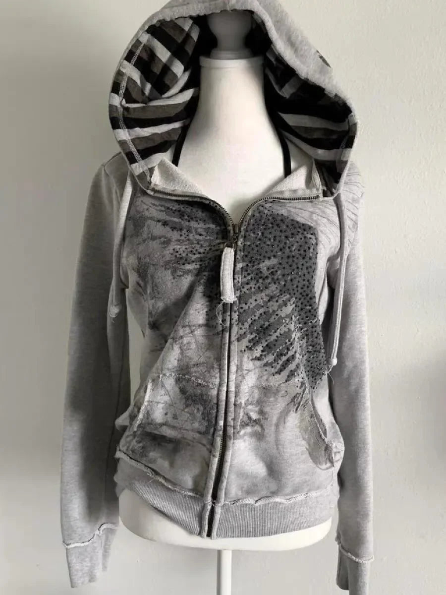 Aiertu  -  American Rhinestone Print Sports Hoodie Retro Gothic Zipper Women's Casual Top Grunge Style Y2k Clothing Hoodies Women Aiertu