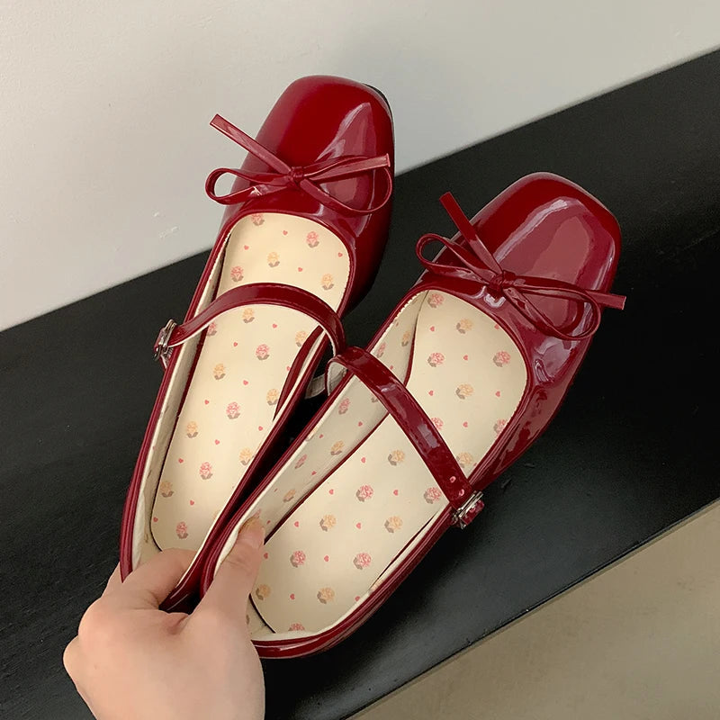Aiertu  -  Patent Leather Women Mary Jane Shoes Fashion Shallow Butterfly-knot Shoes Spring Autumn Wedding Party Shoes Aiertu
