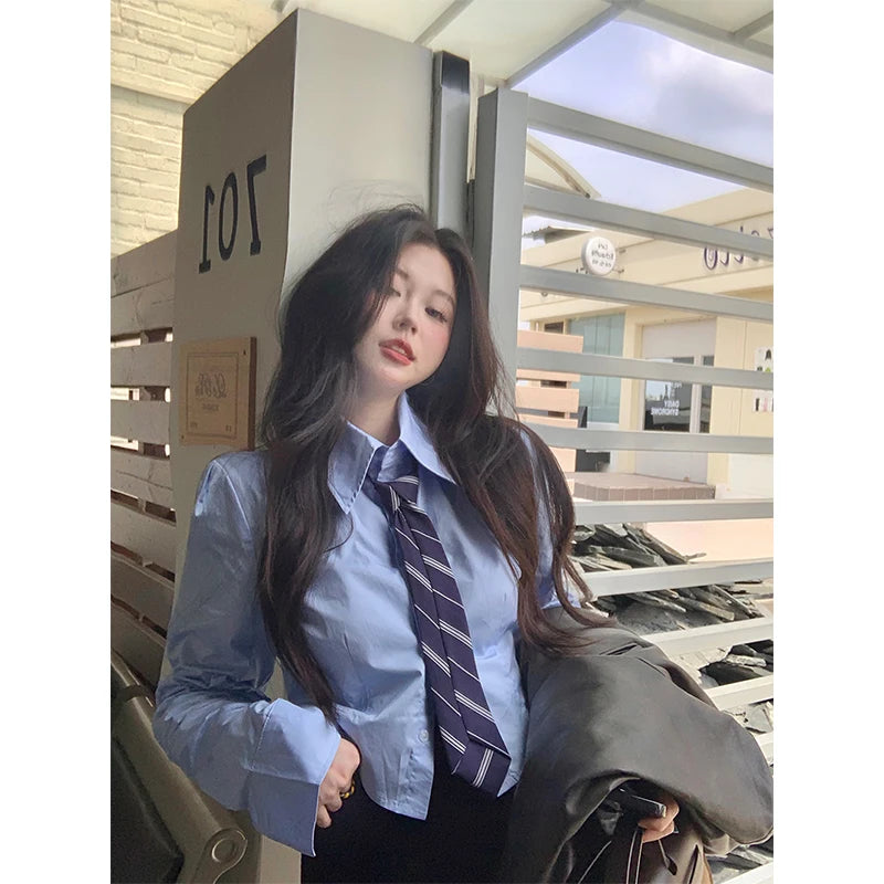 Aiertu Streetwear Tie Shirts Women Preppy Jk White Long Sleeve Crop Tops Student Korean College Slim Blouses Spring Autumn New Aiertu