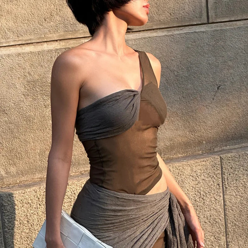 Aiertu  -  Fashion One Shoulder Maxi Dress Club Outfits Sleeveless Hot See Through Wrap Dresses Sexy Cut Out Vestido Clothes Aiertu