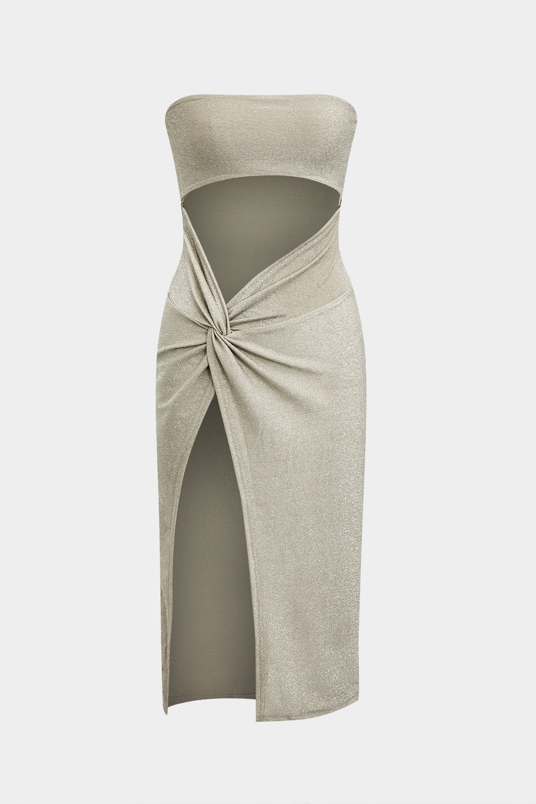 Aiertu  Ruched Asymmetrical Cut Out Twist Knot Slit Strapless Midi Dress Aiertu