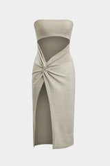 Aiertu  Ruched Asymmetrical Cut Out Twist Knot Slit Strapless Midi Dress Aiertu