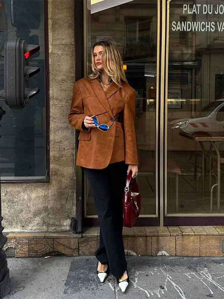 Aiertu  -  Retro Brown Lapel Blazer Jacket Women Fashion Single Breasted Long Sleeves Office Suit Coats Autumn New Lady Commute Outerwear Aiertu