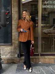 Aiertu  -  Retro Brown Lapel Blazer Jacket Women Fashion Single Breasted Long Sleeves Office Suit Coats Autumn New Lady Commute Outerwear Aiertu