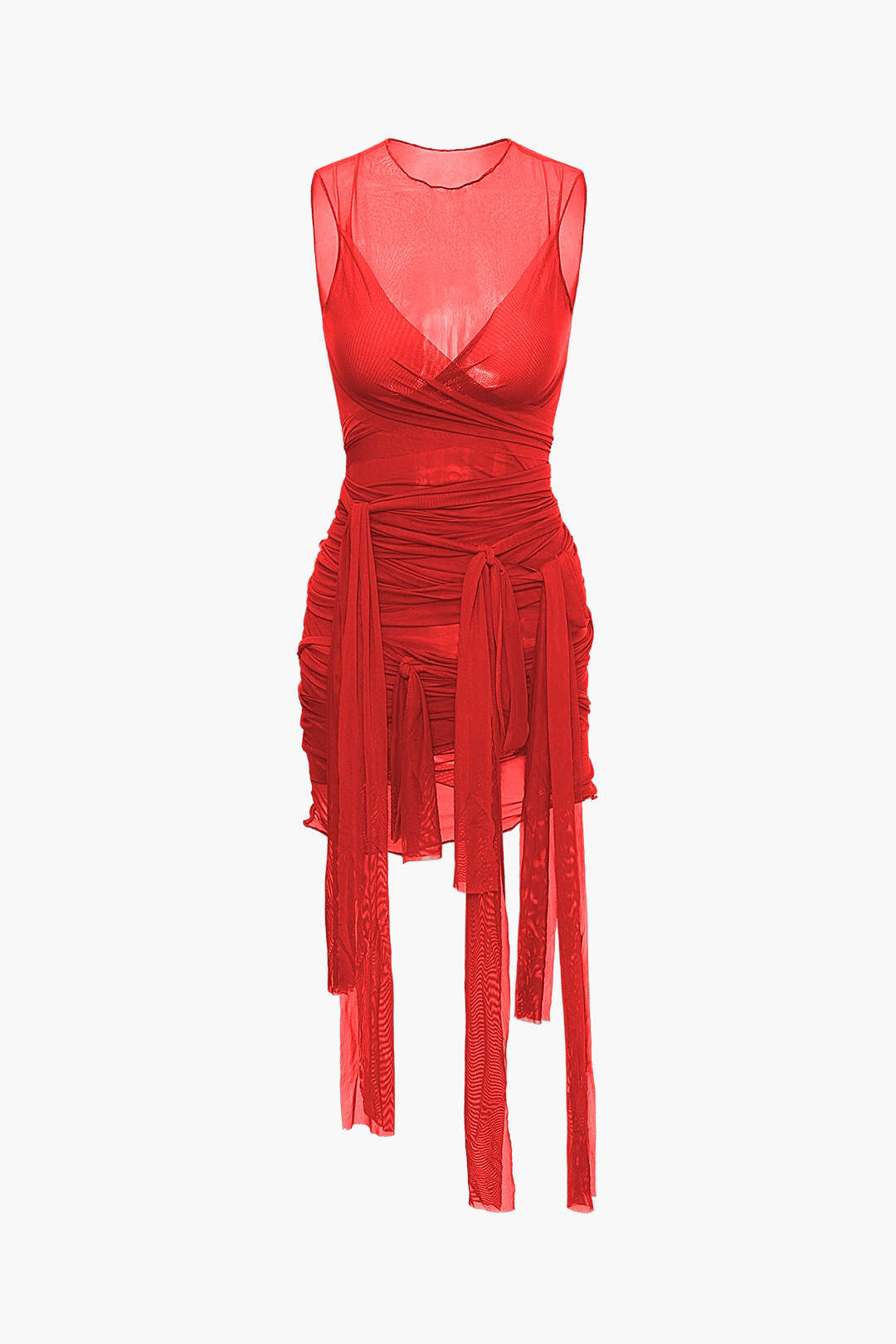 Aiertu  Sheer Mesh Wrap Tie Ribbon Mini Dress Aiertu