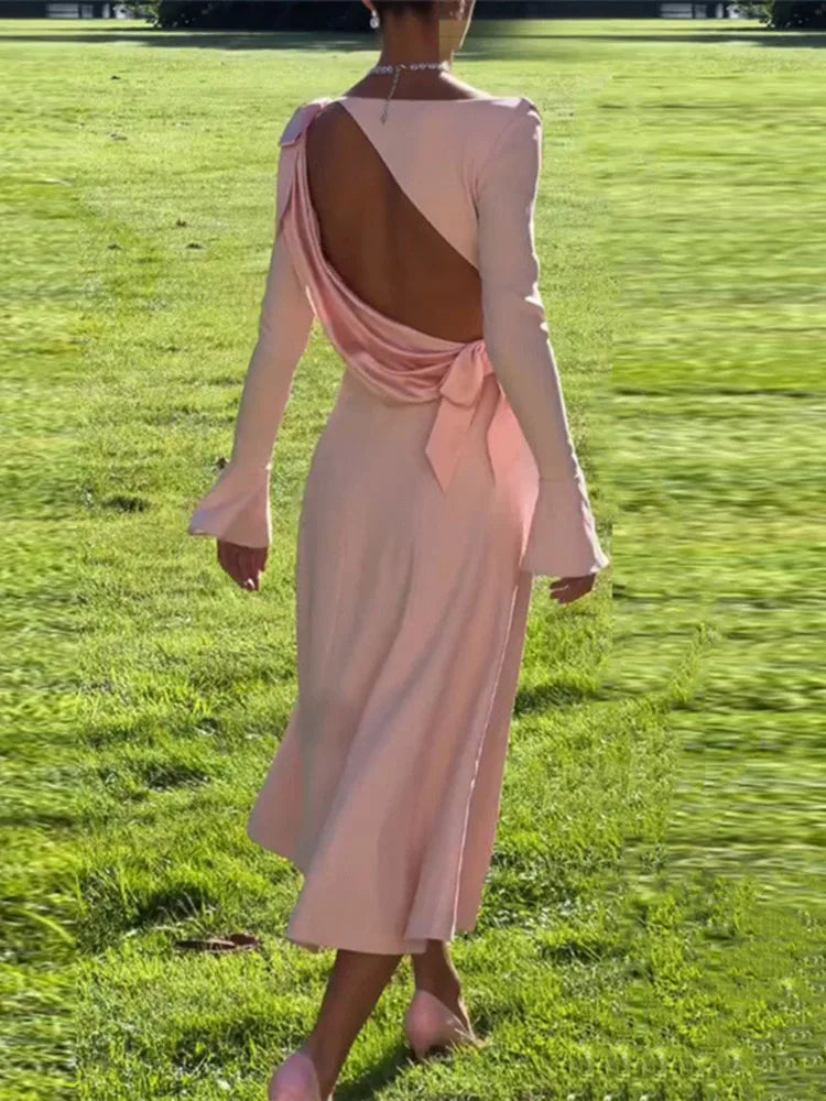 Aiertu       -  Sexy Backless Bow Long Sleeve Slim Dress For Women Stack Neck Elegant Draped Maxi Party Dresses Female Autumn New 2026 Aiertu