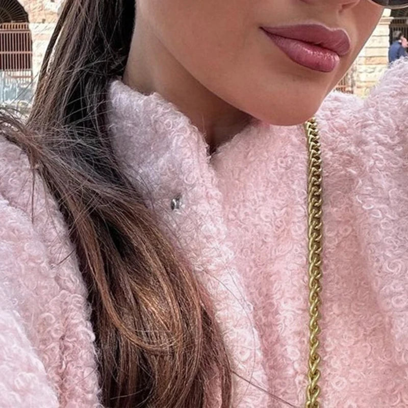 Aiertu  -  Casual Fashion Style Women's Pink Fleece Thick Warm Jackets Simple Elegant Stand Collar Long Sleeve Pockets Loose Fit Coats Aiertu
