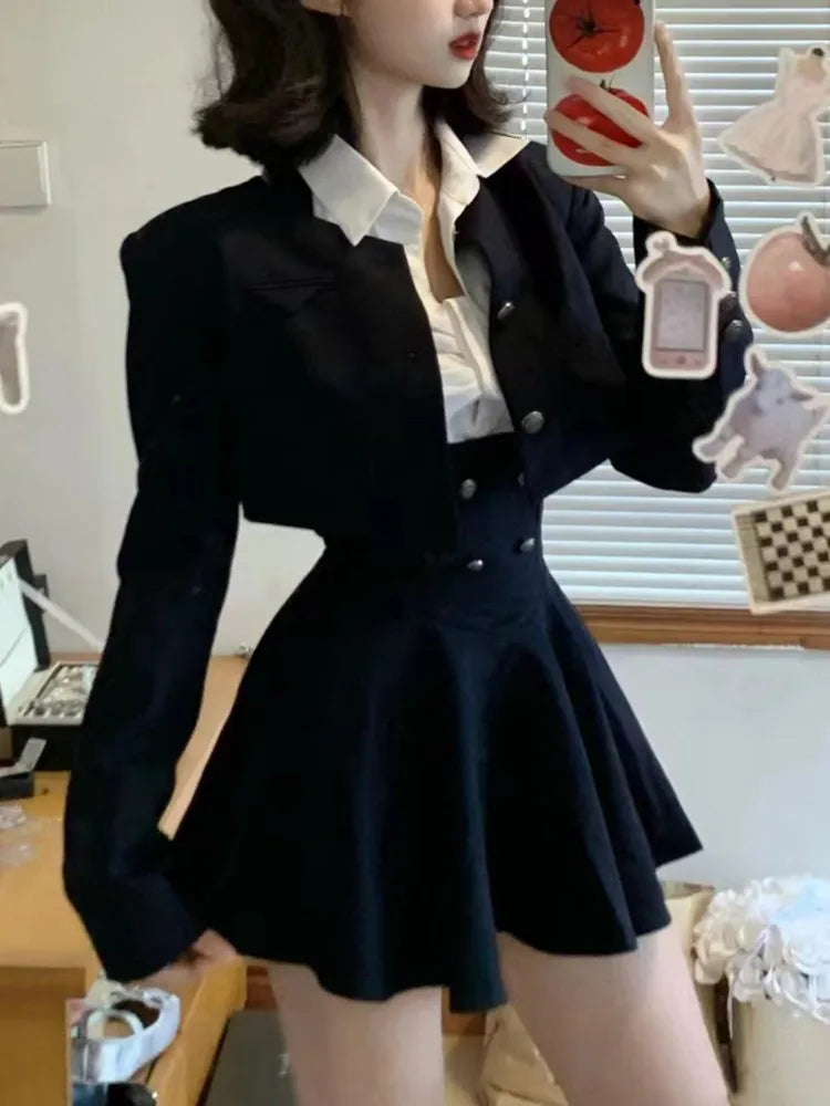 Aiertu 2025 spring fashion trend Korean Women Cropped Coat Long Sleeve Shirt High Waist Halter Ruffles Mini Dress Chic Fashion Sexy Outfits Y2K 3 Piece Set  New Aiertu