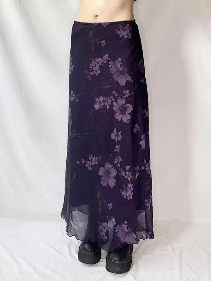 Aiertu  -Purple Floral Print Mesh Maxi Dress aiertu