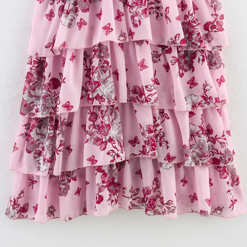 Aiertu  -  Pink White Deep Blue Three Color V Neck Sleeveless Floral Print Stacked Skirt Edge Design Women Short Dress ZATT 2025 Summer New Aiertu