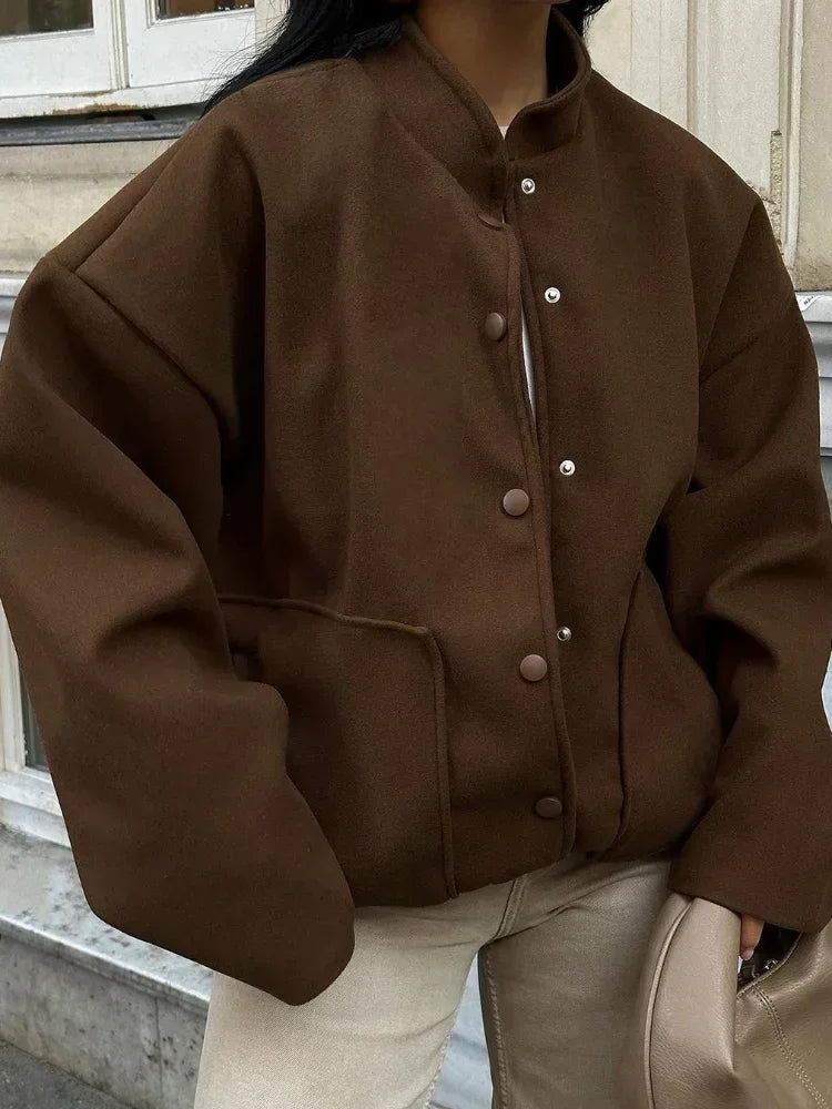 Aiertu  -  Fashion Single Breasted Big Pockets Bomber Jackets Women Casual Loose Long Sleeve Button Coats 2026 Female Vintage Outerwears Aiertu