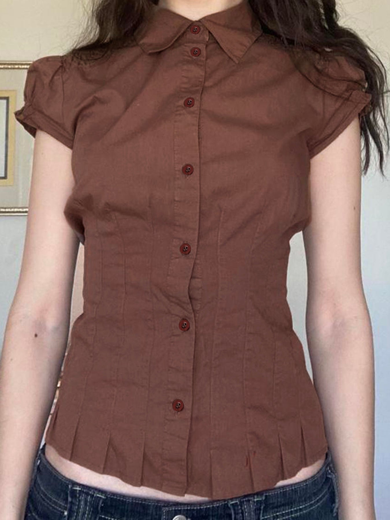 Aiertu - summer inspo American Retro Preppy Brown Shirts Women Button Up Turn Down Collar Puff Sleeve Shirring Pleated Hem Slim Casual Tops Aiertu