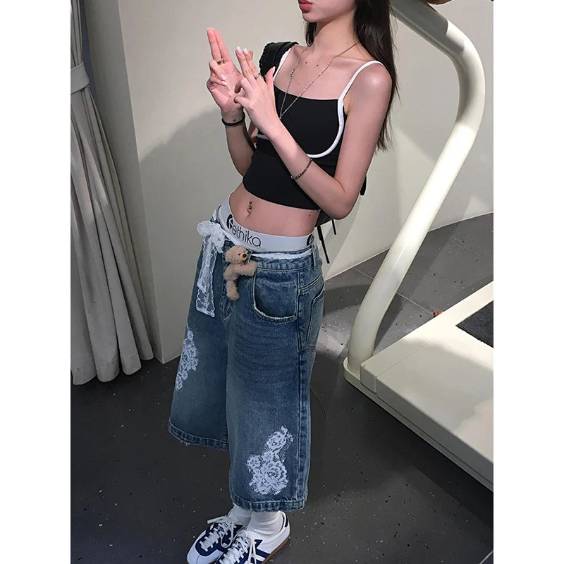 Aiertu  Summer Vintage Women's Lace Printed Blue Denim Shorts Young Girl Casual High Waist Bottom Female Loose Capris Calf-length Pants Aiertu