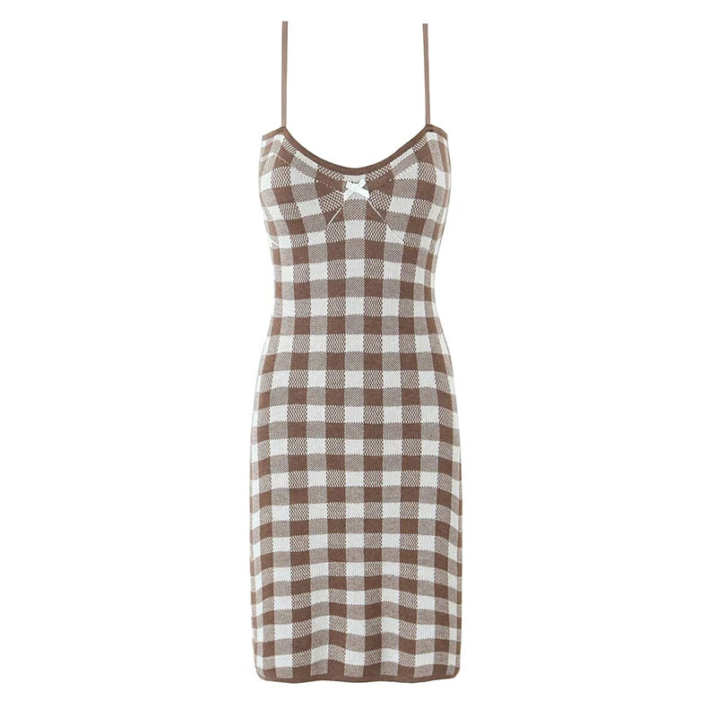 Aiertu  -  Sexy Spaghetti Straps Bow V Neck Knit Plaid Dress Women Summer 2026 Bodycon Mini Dresses Aiertu