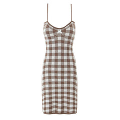 Aiertu  -  Sexy Spaghetti Straps Bow V Neck Knit Plaid Dress Women Summer 2026 Bodycon Mini Dresses Aiertu