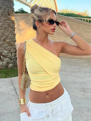 Aiertu  -  Yellow Tank Tops Women's Summer One Shoulder Sleeveless Short T-shirt Y2K Streetwear 2026 Fashion Diagonal Collar Slim Crop Top Aiertu