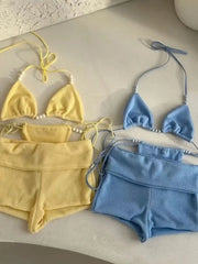 Aiertu  -  Bikini with Pants Swimwear Women Sexy Halter Tie Knot Two-Piece Bikini Set Soild Swimsuit Shimmer Bathing Suit Summer Aiertu