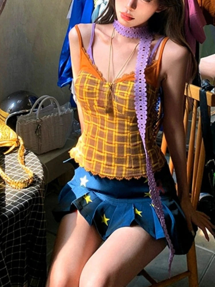 Aiertu  -  Fake Two Pieces Plaid Patchwork Grunge Tank Top Y2k Aesthetic Lace Bodycon Sexy Camisole Summer Streetwear Cropped Fairy Vest Aiertu