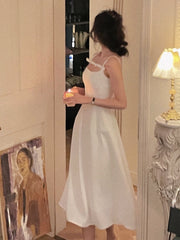 Aiertu  French Elegant Black Midi Dress Women Casual Evening Party Strap Dress Female Pure Color White One Piece Dress Korea Summer Aiertu