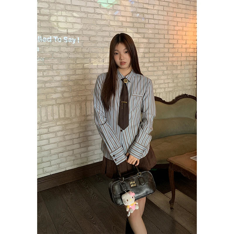 Aiertu Y2K Harajuku Striped Shirts Women Vintage Streetwear Tie Long Sleeve Blouses Korean Preppy Slim All Match Tops Spring New Aiertu