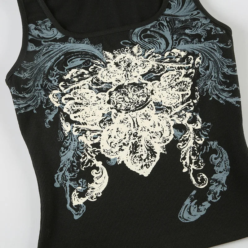 Aiertu  -  Dark style retro printed vest top round neck slim pullover sleeveless knitted top for women summer Aiertu