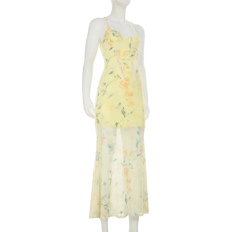 Aiertu  -  Holiday Floral Trumpet Dress Beach Style Sexy Slim Lace V-Neck Sleeveless Maxi Dresses For Women 2026 Summer Fashion Aiertu