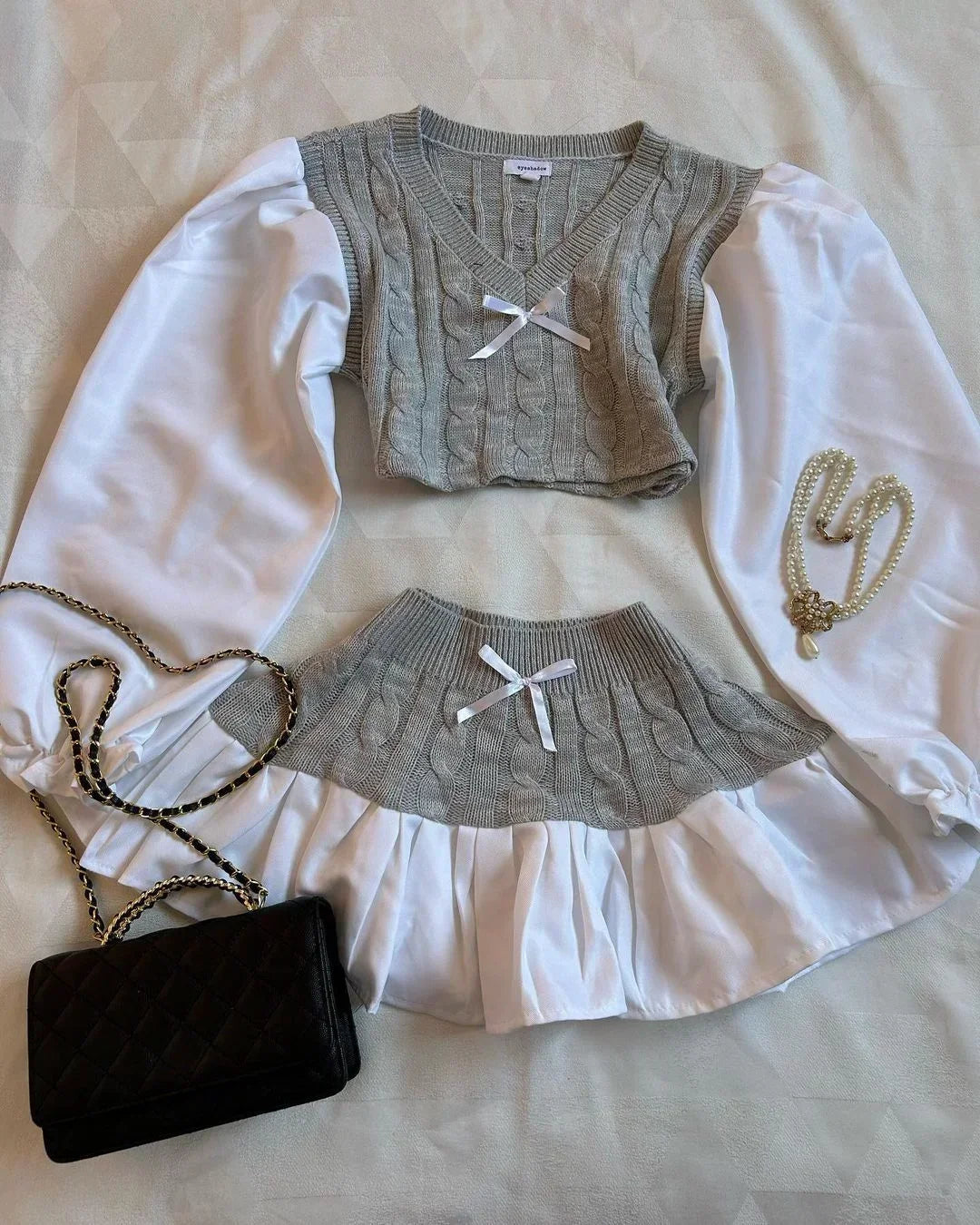 Aiertu  -  American Sweater Skirt Suit Two Piece Harajuku Women Fashionable V Neck Vest Striped Knitted Stitching Sexy Mini Skirt Short Top Aiertu