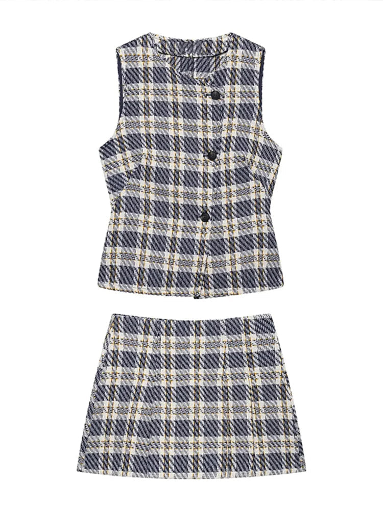 Aiertu  -  Sweet Plaid Sleeveless Mini Dress Set Women Two Piece Set Single Breasted Waist Slim A-line Dresses Casual Chic Female Outfit Aiertu