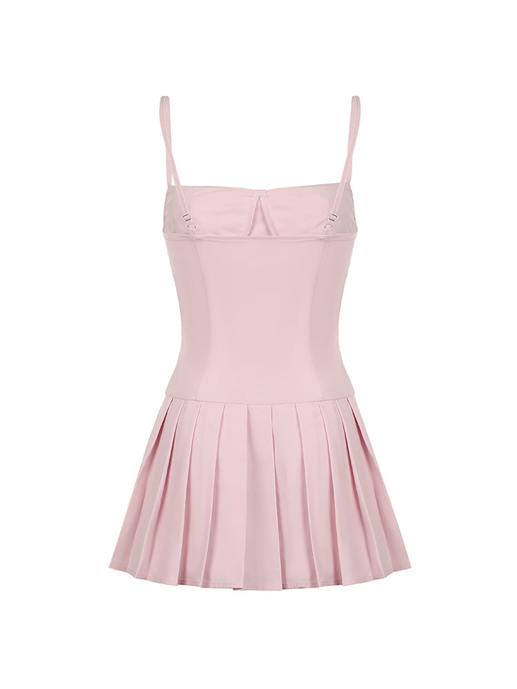 Aiertu - summer inspo Solid Sleeveless Fit And Flared Spaghetti Strap Pleated Dresses Women Sweet Style Summer Clothes Aiertu