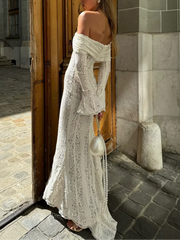 Aiertu  -  White Lace Up Hollow Out Long Dress For Women Elegant Slash Neck Long Flare Sleeve Slim Vestidos Autumn New Street Evening Robes Aiertu