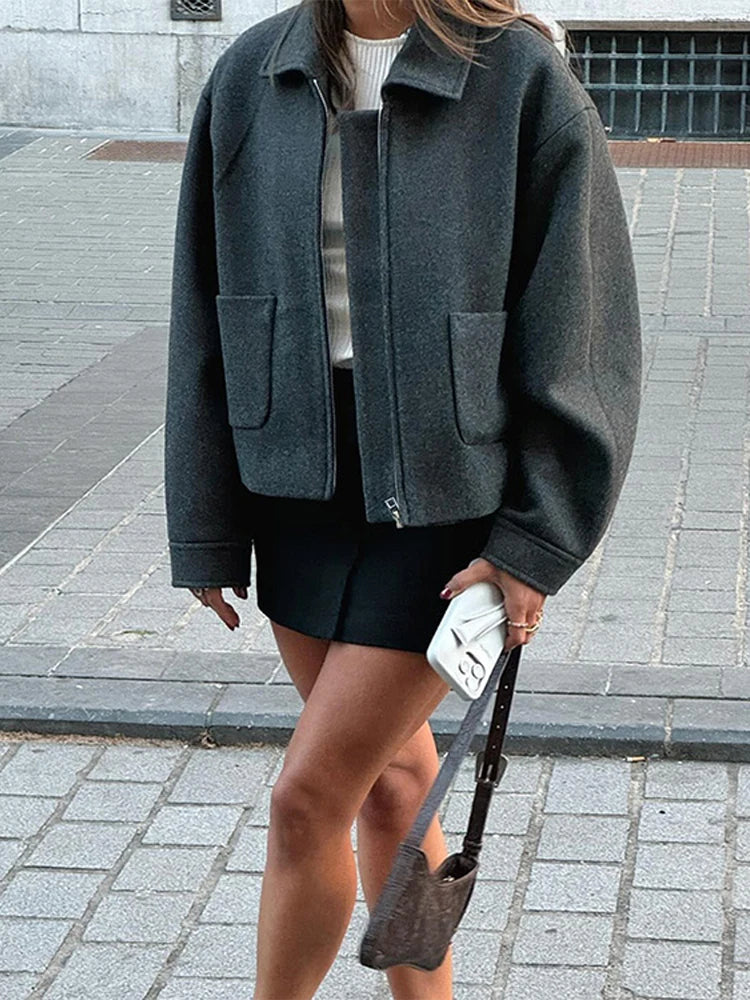 Aiertu  -  Faux Fur Zipper Jackets Women Loose Lapel Long Sleeves Pockets Long Sleeves Coats Female Winter Fashion Solid Outwear Lady Aiertu