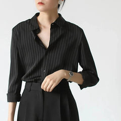 Aiertu Vintage Black Striped Shirts Women Office Long Sleeve Loose Casual Blouses Lady Korean Fashion Elegant Chic All Match Tops Aiertu