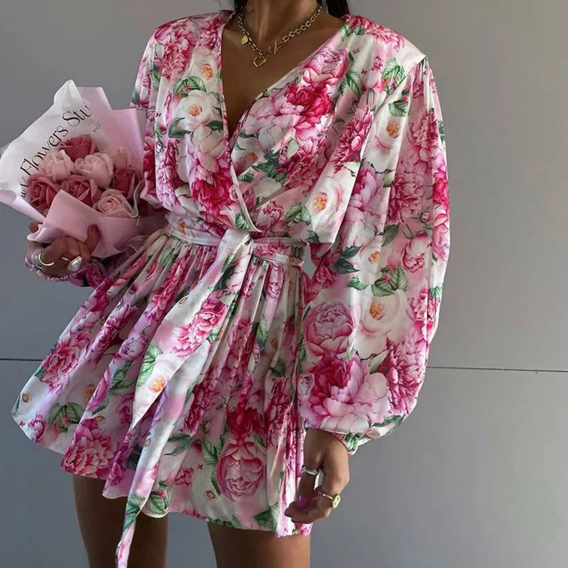 Aiertu  -  Spring Fashion Flower Print Short Jumpsuit Women Elegant V Neck Lace-up Romper Playsuits Autumn Long Sleeve Office Lady Overalls Aiertu