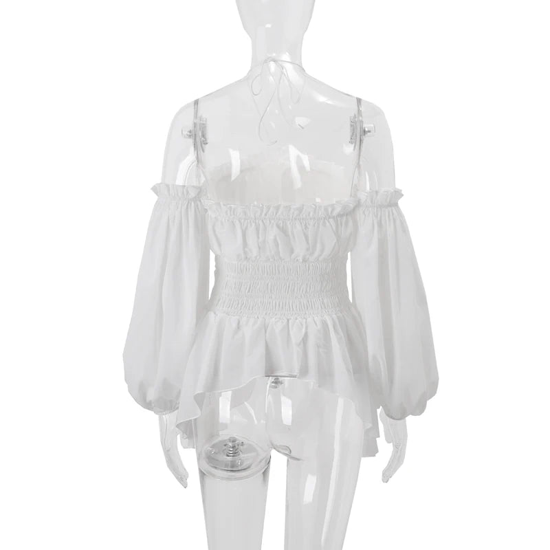 Aiertu  Off Shoulder Ruffles Sexy Lantern Long Sleeve Halter Backless Fashion All-match Crop Tops Y2K Summer Streetwear Blouses Aiertu