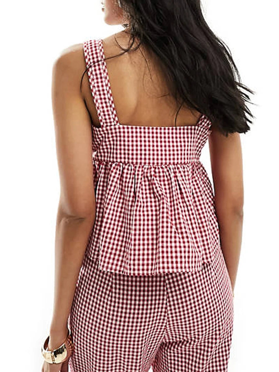 Aiertu  -  Y2k Tank Top Sleeveless Women Red Gingham Bow Tie Down Camisole Ruffle Hem Peplum Tops Summer Streetwear Aiertu