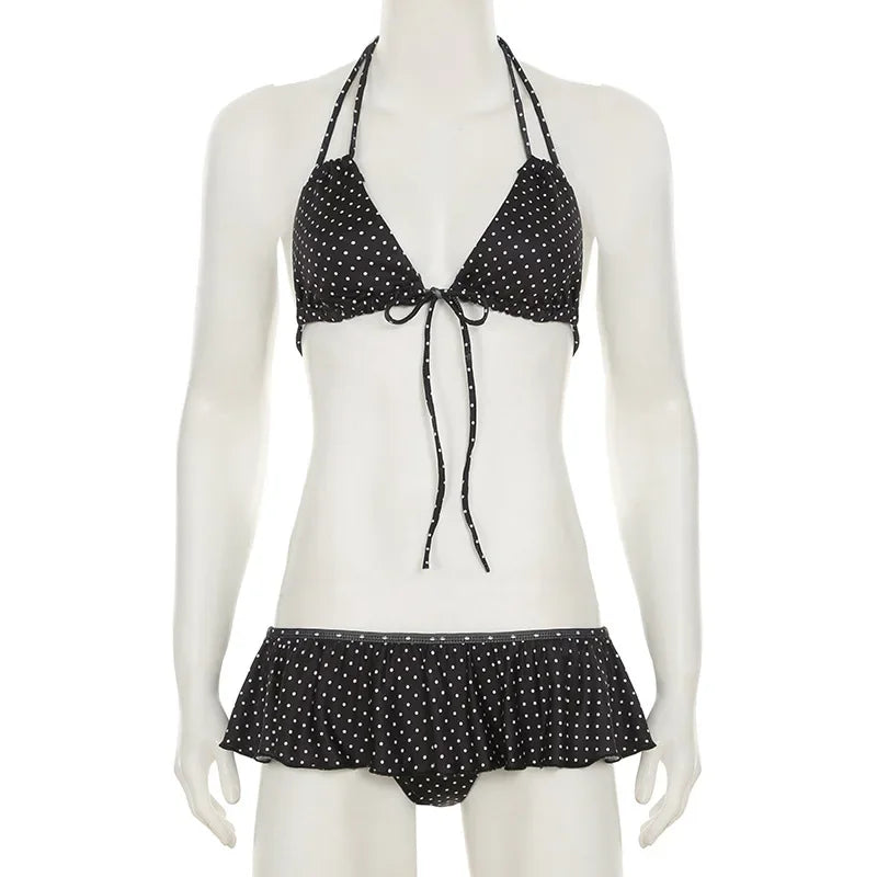 Aiertu  -  Summer Vacation Beach 2 Piece Set Women Sexy Polka Dots Print Lace Up Halter Bra + Ruffles Micro Mini Skirts Swimsuit Aiertu