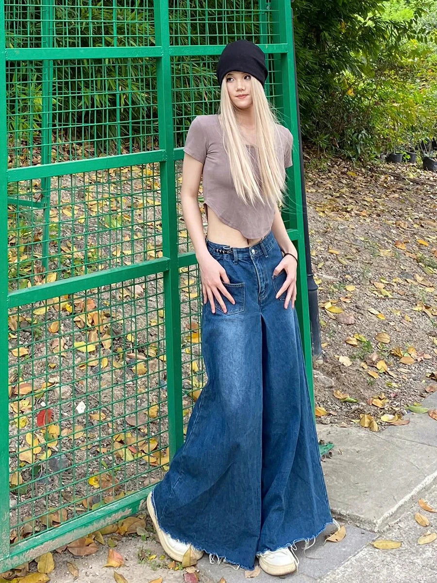 Aiertu  -  Denim Elephant Wide Leg Pants Women High Waist Solid Distressed Pleated Frayed Casual Baggy Jeans Vintage Streetwear Aiertu
