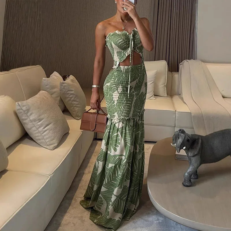 Aiertu  -  Chic  Hollow Out Printed Halter Long Dress Women Backless Off Shoulder Patchwork Ruffle Summer 2026 Dresses Party Vacation Robe Aiertu