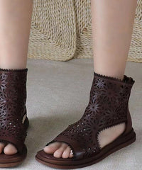 Aiertu  Comfy Hollow Out Peep Toe Splicing Sandals Apricot Cowhide Leather Aiertu