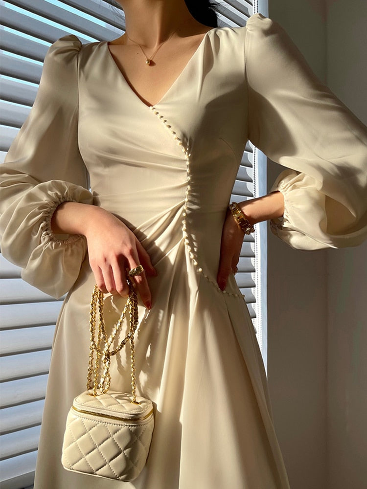 Aiertu  Elegant Dress For Women V Neck Lantern Sleeve High Waist Solid Ruched Minimalist Midi Dresses Female Clothing Style Aiertu