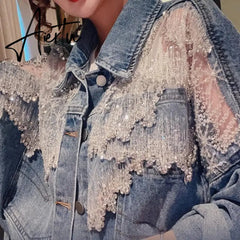 Chic Diamond-studded Denim Jacket Loose Lace Mesh Stitching Sequined Bomber Jeans Coat Hollow Beaded Cardigan Thin Tops Chaqueta Aiertu