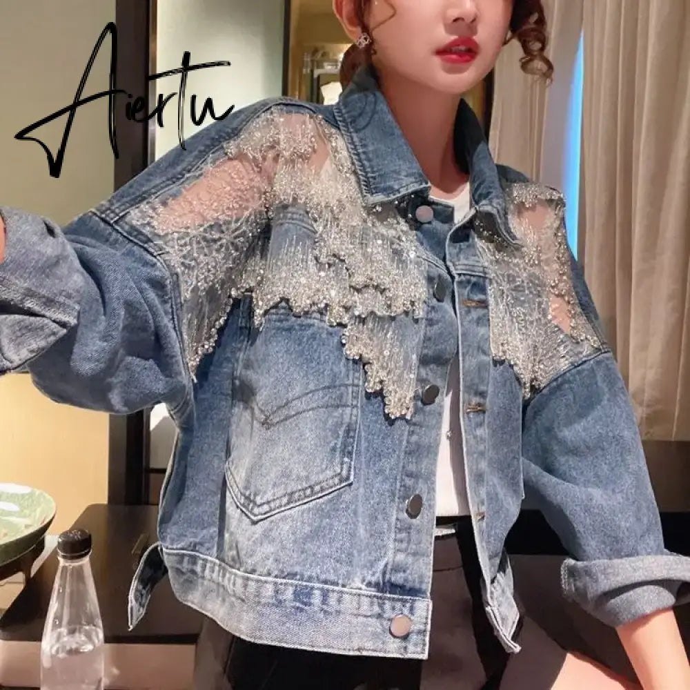 Chic Diamond-studded Denim Jacket Loose Lace Mesh Stitching Sequined Bomber Jeans Coat Hollow Beaded Cardigan Thin Tops Chaqueta Aiertu