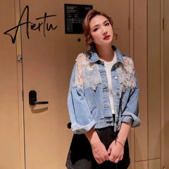 Chic Diamond-studded Denim Jacket Loose Lace Mesh Stitching Sequined Bomber Jeans Coat Hollow Beaded Cardigan Thin Tops Chaqueta Aiertu