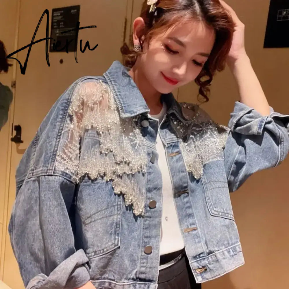 Chic Diamond-studded Denim Jacket Loose Lace Mesh Stitching Sequined Bomber Jeans Coat Hollow Beaded Cardigan Thin Tops Chaqueta Aiertu