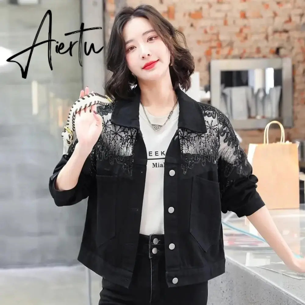 Chic Diamond-studded Denim Jacket Loose Lace Mesh Stitching Sequined Bomber Jeans Coat Hollow Beaded Cardigan Thin Tops Chaqueta Aiertu