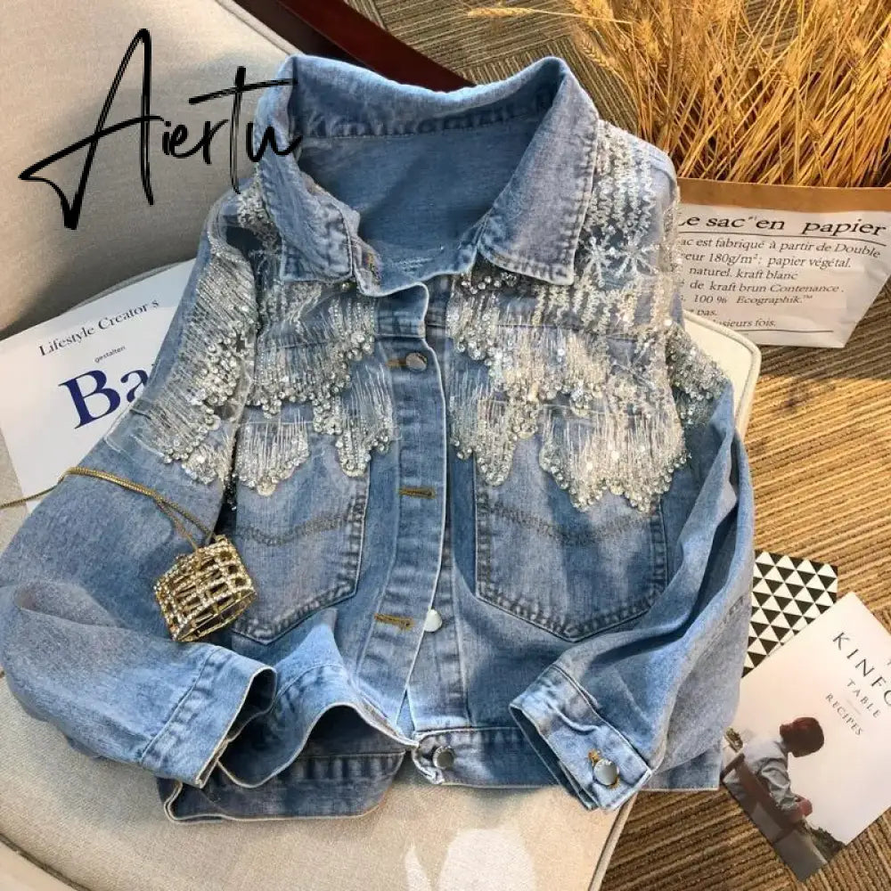 Chic Diamond-studded Denim Jacket Loose Lace Mesh Stitching Sequined Bomber Jeans Coat Hollow Beaded Cardigan Thin Tops Chaqueta Aiertu