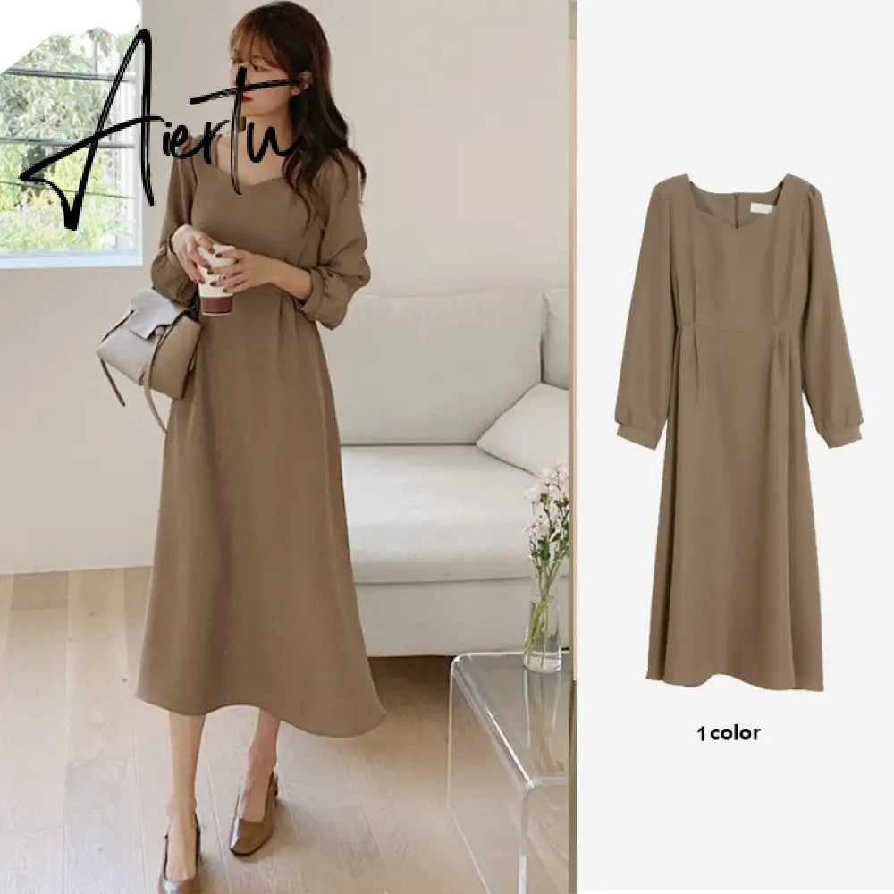 Chic Korean Fashion Women Temperament Office Lady Elegant Work Basic Wear Solid Vintage Long Dress Fenimine Vestidos Aiertu