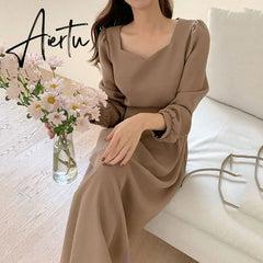 Chic Korean Fashion Women Temperament Office Lady Elegant Work Basic Wear Solid Vintage Long Dress Fenimine Vestidos Aiertu