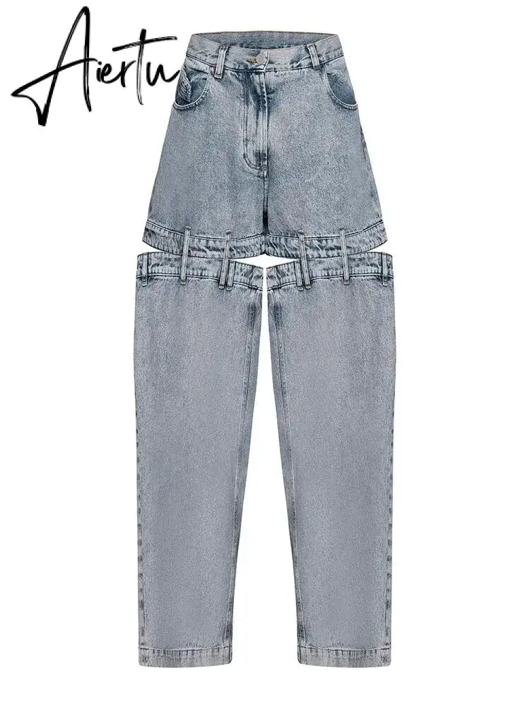 Chic Spliced Zipper Jeans For Women High Waist Patchwork Pockets Cut Out Casual Jean Female Fashion Clothing Aiertu