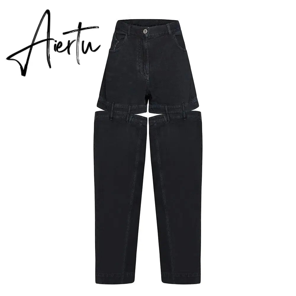 Chic Spliced Zipper Jeans For Women High Waist Patchwork Pockets Cut Out Casual Jean Female Fashion Clothing Aiertu